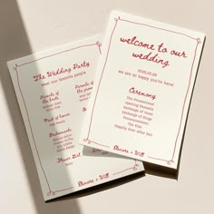 two wedding programs on top of each other in red ink and white paper with the words, welcome to our wedding