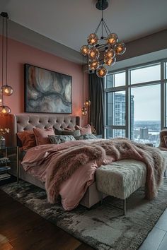 a bedroom with pink walls and a large bed in the middle, surrounded by glass windows