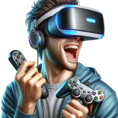 a man holding a game controller and wearing a virtual headset with his mouth open