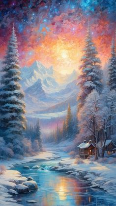 a painting of snow covered trees and a cabin by a river at night with stars in the sky