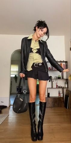 Grunge Leather Skirt Outfit, Edgy Outfits For Summer, Short Dress With Leather Jacket, Lorde Concert Outfit Ideas, Bikercore Style Women, Layered Black Outfit, Fall Layering Outfits 2023, Skirt With Belt Outfit, Thift Outfit