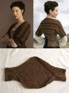 a woman wearing a brown knitted shawl next to an image of the back of a women's sweater