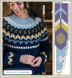 a woman wearing a blue sweater with yellow and white designs on it, next to a cross stitch pattern