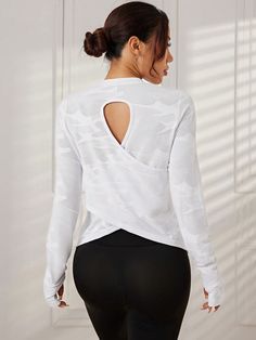 White  Collar Long Sleeve Fabric Plain  Embellished High Stretch  Women Activewear Sports Wear Women, Workout Fits, Gym Tops, Camo Print, Sport Wear