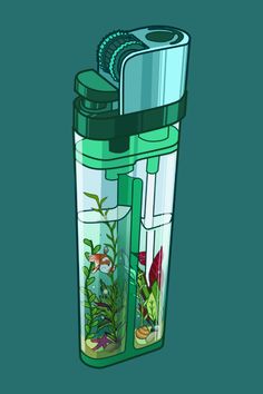 an illustration of a water bottle with fish in it