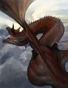 a red dragon flying through the sky above clouds