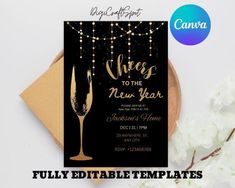 a black and gold new year's eve party card with the words cheers to the new year on it