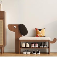 a wooden bench with shoes on it next to a cabinet and wall mounted speaker system