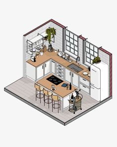 an overhead view of a kitchen and dining area