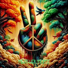 a peace sign painted on the side of a painting with trees and clouds in the background