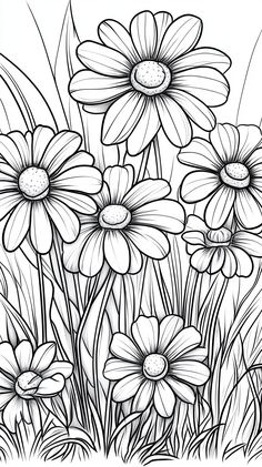 some flowers are in the grass coloring page