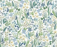 a floral wallpaper with blue and green flowers