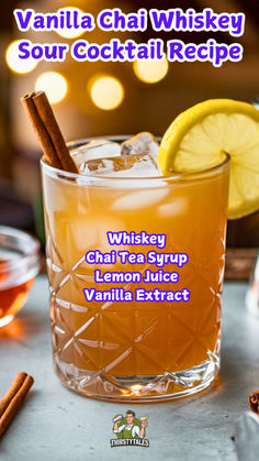 vanilla chai whiskey sour cocktail recipe in a glass with cinnamon sticks and an orange slice