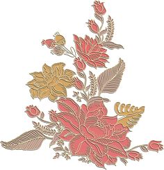 a bouquet of flowers on a white background with gold and red leaves in the center