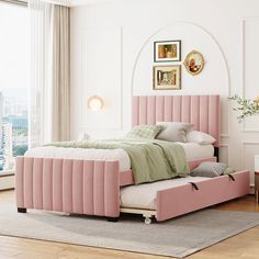 a bed with pink headboard and foot board in a white room next to a window