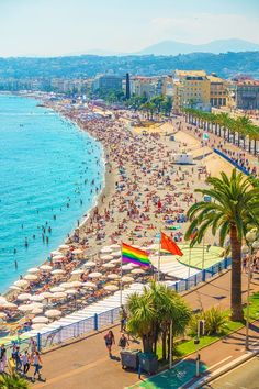 the beach is crowded with people and umbrellas