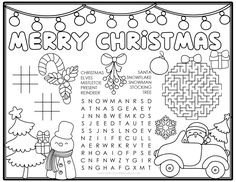 merry christmas word search and coloring page with santa's sleigh, snowman