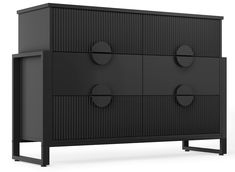 a black cabinet with four round knobs on the front and two doors at the bottom