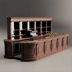 an old fashioned wooden bar with shelves and barstools on the top, in front of a gray background