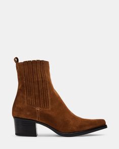 BARNES Chestnut Suede Western Ankle Bootie | Women's Booties – Steve Madden Kitten Heel Slingbacks, Chelsea Boots Men Outfit, Boots Men Outfit, Women's Booties, Leather Heeled Boots, Chelsea Boots Men, Pointed Toe Boots, Block Heel Boots, Shoe Obsession