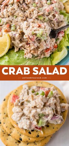 crab salad with crackers and lemon wedges on the side is shown in this collage