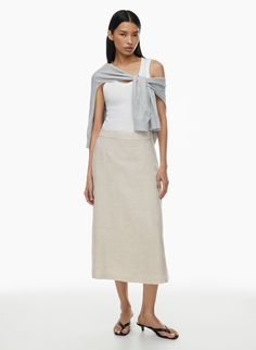 MERIT LINEN SKIRT | Aritzia Linen Maxi Skirt For Daywear, Linen Midi Skirt For Work, Spring Linen Maxi Skirt For Work, Flowy Linen Skirt For Workwear, Spring Workwear Linen Maxi Skirt, Linen Skirt For Workwear, Neutral Linen Summer Skirt, Relaxed Linen Skirt For Daywear, Linen Lined Skirt For Workwear