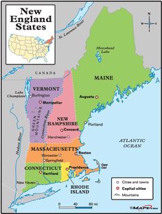 a map of the state of maine with major cities and towns on it's borders