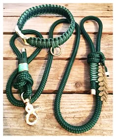 a green leash with gold hardware on top of a wooden floor next to a metal hook