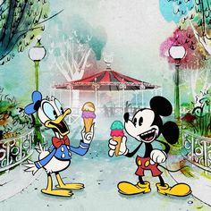 two cartoon characters are eating ice cream at an amusement park in front of a carousel