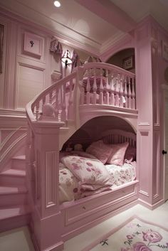 there is a bunk bed in the room with pink walls and carpet on the floor