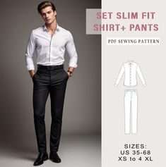 Digital sewing pattern for Bundle Set Men Shirt and Pants. ✔️ US Sizes: 2, 4, 6, 8, 10, 12, 14, 16, 18, 20, 22, 24, 26, 28, 30 ✔️ Standard sizes: XS, S, M, L, XL, 2XL, 3XL, 4XL/5XL ✔️These templates are suitable for A4, A0 and US Letter size paper. When you purchase this pattern, you will receive a digital (pdf) sewing pattern and instructions. Once your payment processes, you will automatically receive a download links of pattern files. If you have any problem accessing the files, please don't Sewing Patterns Men, Mens Sewing Patterns, Pants Sewing Pattern, Pants For Men, Sewing Pattern Sizes, Men Shirt, Slim Fit Pants, Fit Pants, Slim Fit Shirt