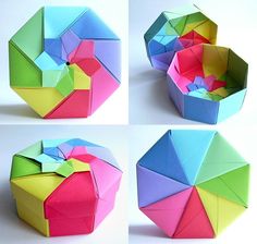 four different views of an origami cupcake with colored paper on top and bottom