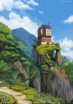 a painting of a house on top of a cliff