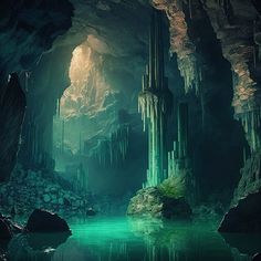 an image of a cave with water and rocks