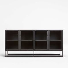 a black cabinet with three doors and two shelves on each side, against a white background