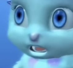 an animated cat with blue eyes and purple spots on it's chest, standing in front of a blue background