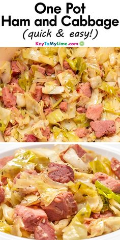 Two images of ham and cabbage, with title text at the top. Ham Dinner Recipes For Family, Crockpot Ham And Cabbage Recipes, Recipes With Ham Steak Meals, Ham Left Overs, Ham Steak And Cabbage Recipes, High Protein Ham Recipes, Leftover Ham Steak Recipes, Keto Leftover Ham Recipes, What To Make With Ham Steak