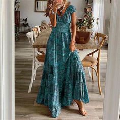 Dress Summer Sundress V Ladies Holiday Boho Women's Floral Beach Maxi Neck Rip Curl, New Long Dress, A Line Maxi Dress, Maxi Robes, Vestidos Vintage, Royal Blue Dresses, Floral Print Maxi Dress, Floral Print Maxi, Summer Maxi Dress