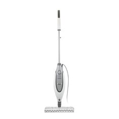 a silver and white steam mop on a white background