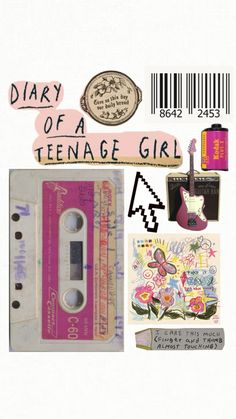 a collage of various items that include an old cassette, tape recorder and stickers