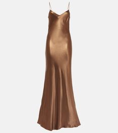 Provence satin maxi dress in brown - Galvan | Mytheresa Bronze Bridesmaid, Bronze Bridesmaid Dresses, Orange Satin Dress, Gold Silk Dress, Sweetheart Evening Dress, Princess Fantasy, Bm Dresses, Long Slip Dress, Embellished Maxi Dress