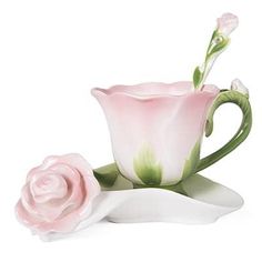 Set of Ceramic Coffee Cup and Saucer - Trendha Pink Tea Cups, Rose Tea Cup, Keramik Design, Pink Tea, Coffee Crafts, Porcelain Roses, 3d Rose, Coffee Cup Set, Ceramic Hand