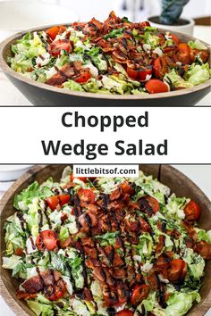 chopped wedge salad with bacon, lettuce and tomatoes in a bowl on the table