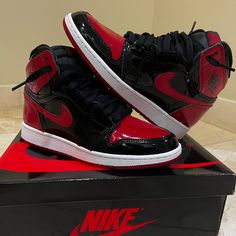 Brand New Jordan Shoes Retro Red, Air Jordan 1 Men Red, Red Jordan Shoes For Streetwear, Air Jordan 1 Red And Black Shiny, Red Synthetic Jordan Shoes, Cheap Jordan Shoes, Nike Shoes Girls, Preppy Shoes, Nike Tech Fleece