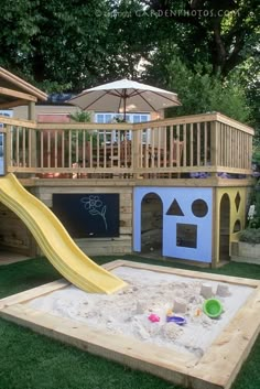 Upstairs for adults.  Downstairs for kids WOW Tiered Deck, Outdoor Play Area, Backyard Deck, Kids Play Area, Backyard Fun, Deck Ideas, Sandbox, Garden Cottage, Play Area