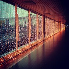 the lights are shining on the windows in the building's lobby, and it looks like they have been lit up for christmas