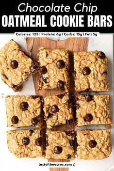 chocolate chip oatmeal cookie bars stacked on top of each other with text overlay