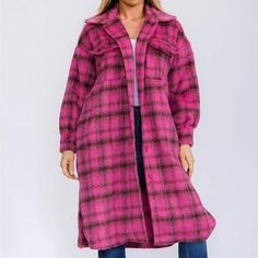 Take On Any Adventure With This Bold And Daring Long Sleeve Button Up Pockets Plaid Coat! Made With 100% Polyester And Featuring A Striking Fuchsia Color, This Versatile Piece Will Keep You Warm While Making A Statement. Model Is Wearing A Small. With A Length Of 42" And A Bust Size Of 50", It's Perfect For Taking On The Unknown. Don't Be Afraid To Stand Out And Live Life On The Edge With This Must-Have Addition To Your Wardrobe! **New** Oversized Pink Long Coat, Pink Oversized Long Coat, Oversized Pink Outerwear With Button Closure, Purple Collared Winter Outerwear, Chic Plaid Outerwear With Buttons, Pink Outerwear With Lapel Collar And Button Closure, Pink Outerwear With Button Closure And Lapel Collar, Pink Single Breasted Winter Outerwear, Pink Single-breasted Winter Outerwear