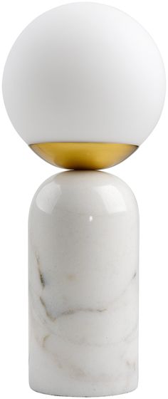 a white and gold vase sitting on top of a marble base with a round light in the middle