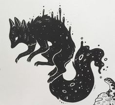 an ink drawing of a black dragon and a turtle on a white paper with water bubbles